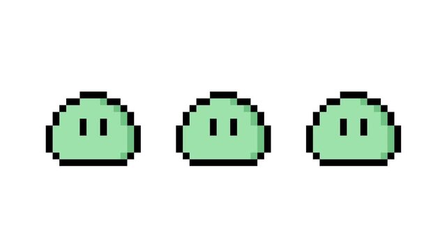 three cute pixel green slimes