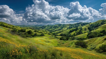 Naklejka premium Spring wildflowers bloom in rolling hills, sunny day, landscape background, nature photography