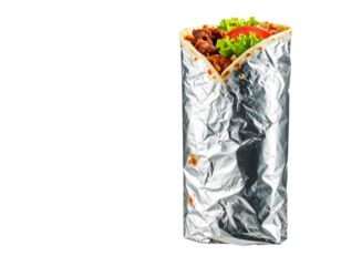 Takeaway Foil Covered Burrito for Portable Meal Concept, isolated on a transparent background
