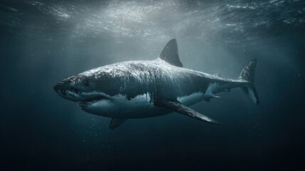 Naklejka premium Hyper-realistic sea monster shark, muscular body, dramatic shadows, cinematic full shot, isolated on stormy grey background