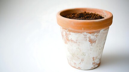 Detailed shot of clay flower pot with rich soil, taken with DSLR camera and 85mm lens, bright white background highlighting natural colors and textures
