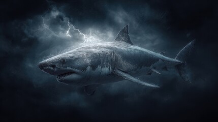 Fototapeta premium Sea monster shark with jagged dorsal fin, dramatic backlighting, realistic textures, isolated on dark storm background