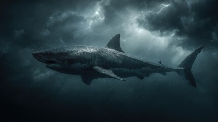 Fototapeta premium Sea monster shark with jagged dorsal fin, dramatic backlighting, realistic textures, isolated on dark storm background