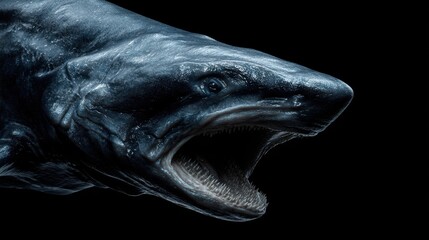 Fototapeta premium Ultra-realistic sea monster shark, cinematic framing, sharp glistening teeth, wet textured skin, isolated on pure black background
