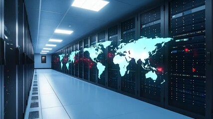 Global map decorated server room corridor - Powered by Adobe