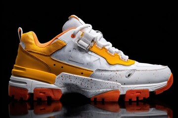 Stylish orange and white chunky sneakers on black background, reflective surface.  Lifestyle product shot