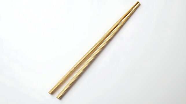 Close-up of two parallel wooden chopsticks on bright white surface, captured with 50mm lens, soft shadows and crisp detail on texture