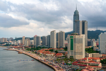 Obraz premium View of the Zhifu District on the shore of Bohai Bay in the Yellow Sea on a sunny summer day, Yantai, Shandong, China