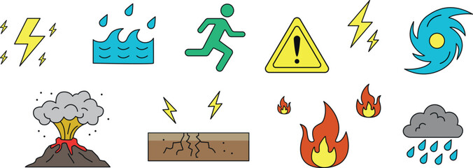 自然災害アイコンセット（地震・台風・火山・雷・洪水・火災） © mari