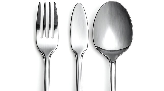 Close-up of shiny spoon and fork placed parallel on white surface taken with 50mm lens, focus on reflective metal texture and subtle edge lighting
