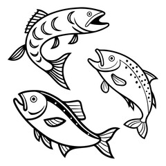 Simple Black and White Cartoon Fish Illustration, Fish silhouette grid, black aquatic vector, identical fish clipart, marine animal design, underwater pattern graphic, dorsal fin illustration