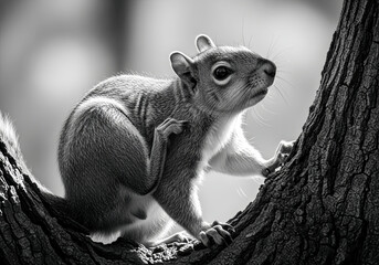 Squirrel scratching on a tree branch in monochrome portrait