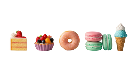 Assortment of desserts including cake, tart, donut, macarons, and ice cream, isolated on transparent background