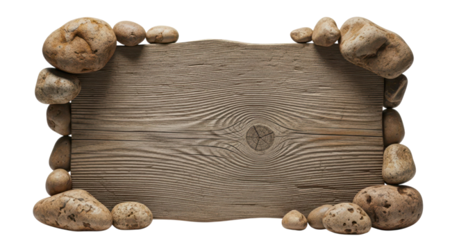 Rustic wooden sign with stones isolated on transparent background
