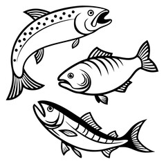 Simple Black and White Cartoon Fish Illustration, Fish silhouette grid, black aquatic vector, identical fish clipart, marine animal design, underwater pattern graphic, dorsal fin illustration