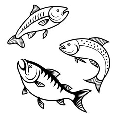 Simple Black and White Cartoon Fish Illustration, Fish silhouette grid, black aquatic vector, identical fish clipart, marine animal design, underwater pattern graphic, dorsal fin illustration
