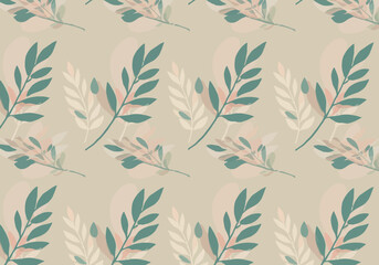 Fototapeta premium Botanical Pattern with Teal and Cream Leaves on Beige Background.