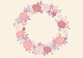 Floral Wreath with Roses and Lavender Leaves in Pastel Colors.