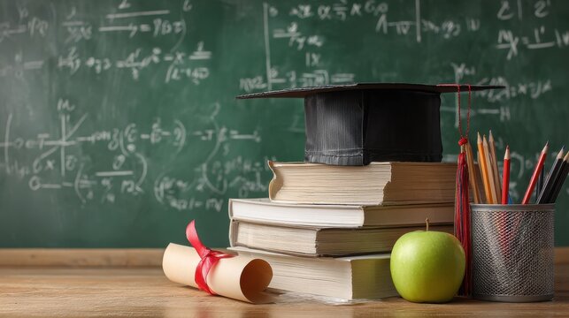Academic mortarboard rests atop stacked books, diploma, apple and pencils against a chalkboard