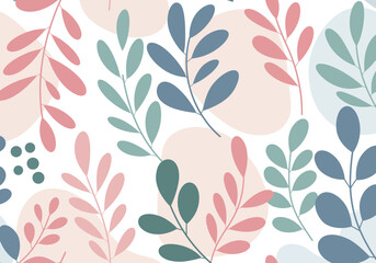 Pastel Leaf and Dot Pattern on White Background.