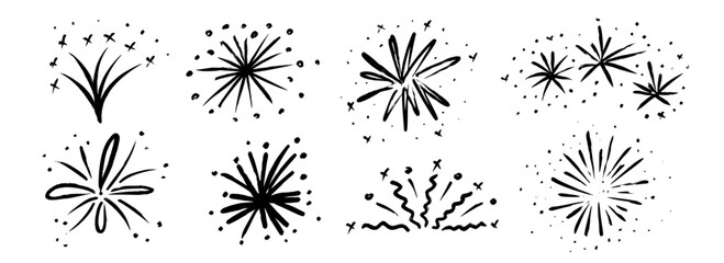Black hand drawn firework set. Crayon doodled firecracker element collection. Pastel sketches of sparkle burst, explosion, star lights. Vector charcoal drawn spark sticker for birthday, party decor