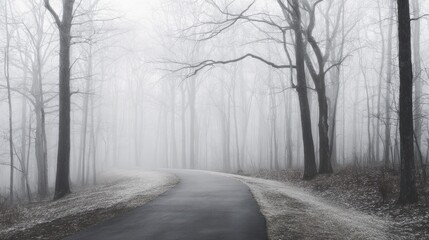 An asphalt road curves through a misty forest with bare trees in winter