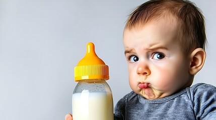 Baby bottle filled with milk standing upright on white background, photographed using DSLR and EF 85mm lens, soft reflections and gentle shadows