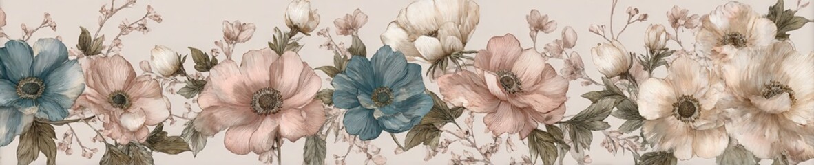Artistic pink and blue poppies with leaf accents form a floral pattern on light beige