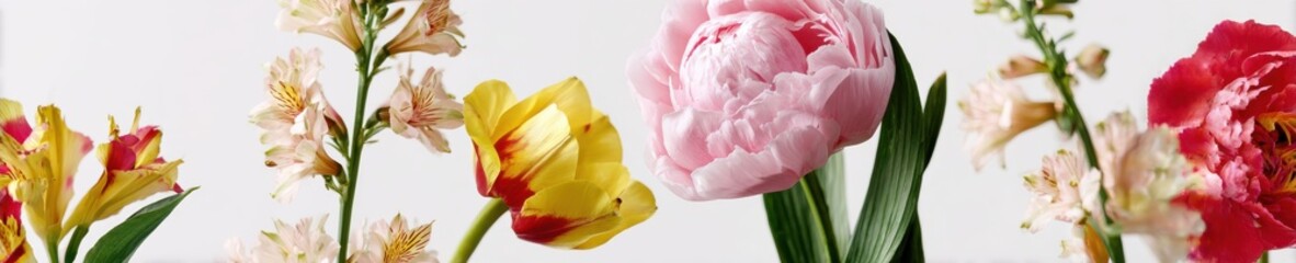 Obraz premium Assorted Colorful Flowers with Pink Peony, Yellow Tulip, and Alstroemeria Bloom