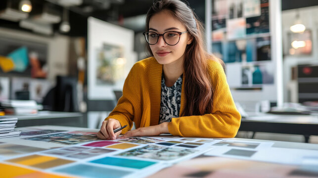 Young Woman in Creative Workspace Analyzing Color Swatches