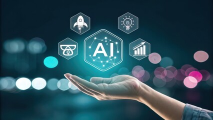 Human hand presenting ai technology with futuristic icons and bokeh background