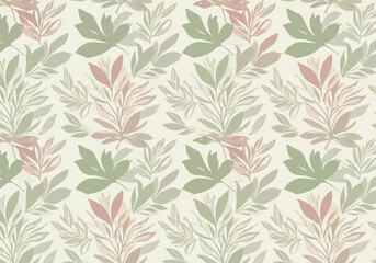 Seamless Pattern of Stylized Leaves in Green and Pink Hues.