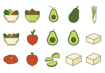 Pixel Art Illustration Of Healthy Food Items: Salads, Avocados, Tofu, And Vegetables
