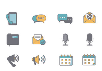 Pixel Art Communication and Scheduling Icons: Teal, Gray, and Gold Design