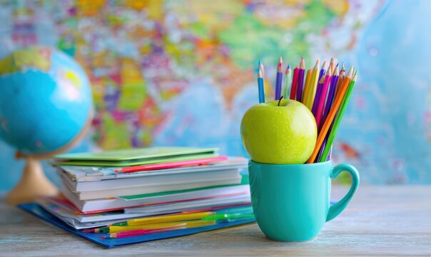 Bright School Supplies Apple, Colored Pencils in Mug, Books, Globe, and Map Background