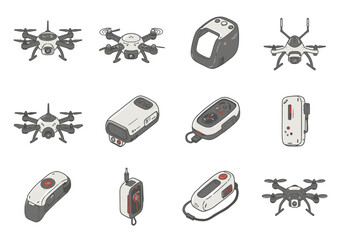 Pixel Art Drone and Accessory Illustrations:  Grey and White Minimalist Designs