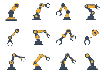 Pixel Art Robotic Arm Icons: A Collection of Twelve Gray and Gold Industrial Robot Arms in Various Positions