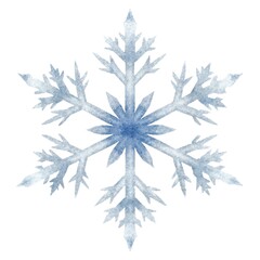 Blue watercolor snowflake with intricate crystalline structure winter