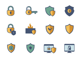 Pixel Art Security Icons: Padlocks, Keys, and Shields in Teal and Yellow