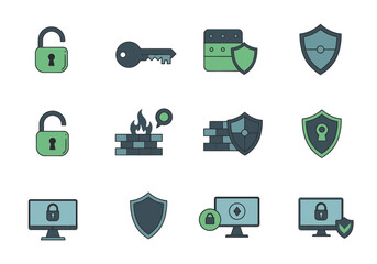Pixel Art Cybersecurity Icons:  Teal and Green Data Protection Symbols