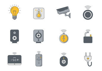Pixel Art Smart Home Device Icons: Gray and Yellow Tech Symbols
