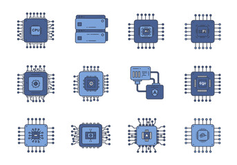 Twelve Blue And White Pixel Art Microchip Illustrations