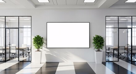 Modern office interior with sleek glass meeting rooms and empty display screen ready for your presentation visuals