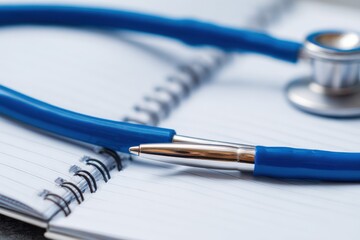 Close Up Blue Stethoscope and Silver Pen Resting on Open Spiral Notebook