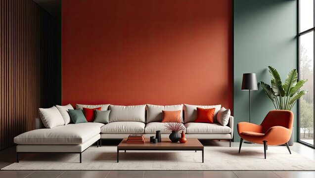 Contemporary living room with a sectional sofa and orange accent chair.