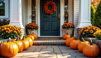 Obraz premium Warm and Festive Front Porch Decorated for Fall with Pumpkins and Flowers