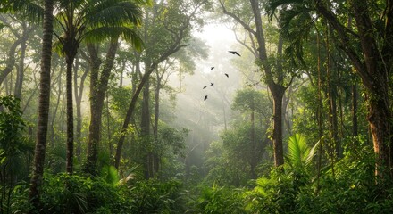 Enchanting Dawn in a Lush Tropical Forest: Birds in Flight Through Misty Sunlight