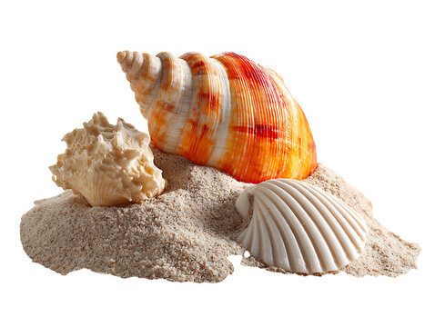 Seashells on sand against a black background.