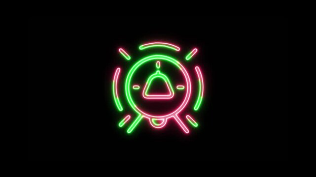 Red And Green Neon Alarm Bell Icon With Rays On Black Background symbol