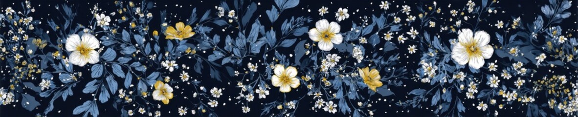 Dark Floral Pattern with White and Yellow Flowers and Blue Leaves Design